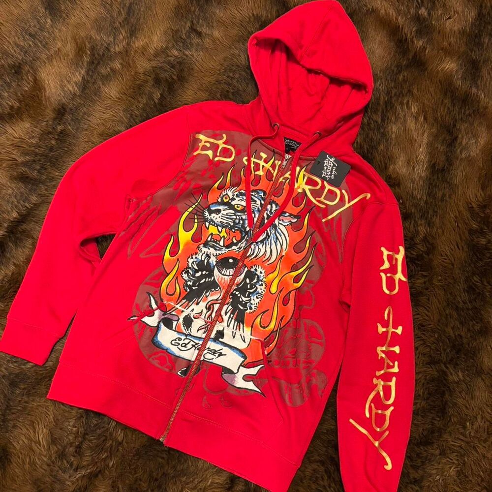 NWT Men’s Small Ed Hardy Tiger Mountain red full-zip hoodie w/ gold branding
